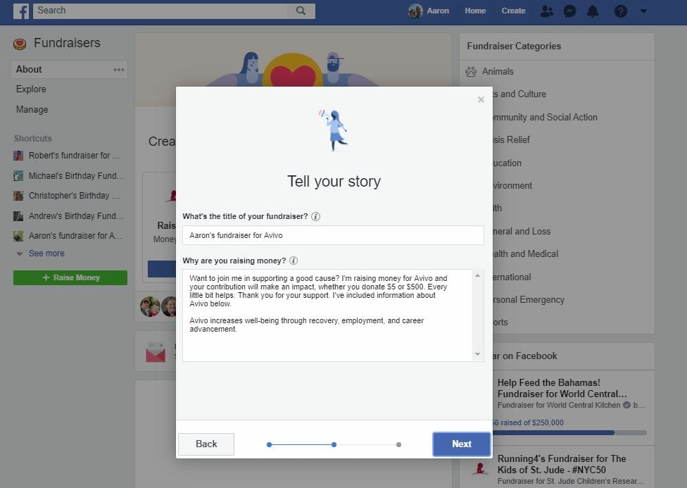 5) After that, you'll create a description of the nonprofit - why you believe they should be supported. Facebook auto fills this box, but you can also customize with your personal connection to a nonprofit